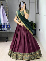 Stunning Wine Printed Cotton Festival Wear Half Saree Lehenga