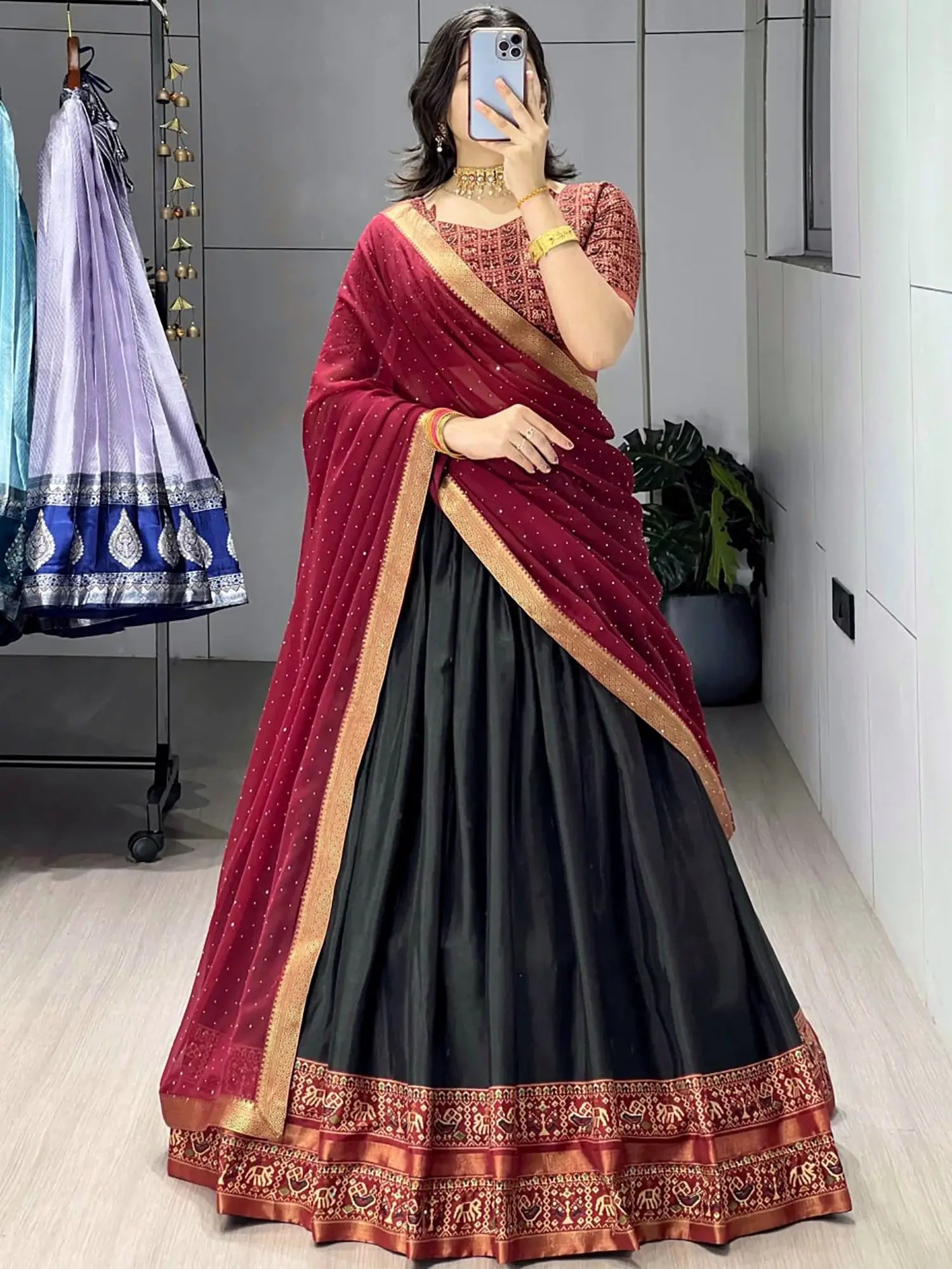Impressive Black Printed Cotton Bridesmaid Half Saree Lehenga 