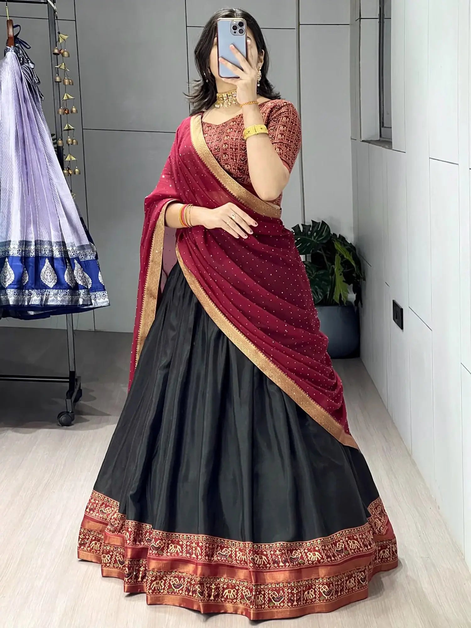Impressive Black Printed Cotton Bridesmaid Half Saree Lehenga 