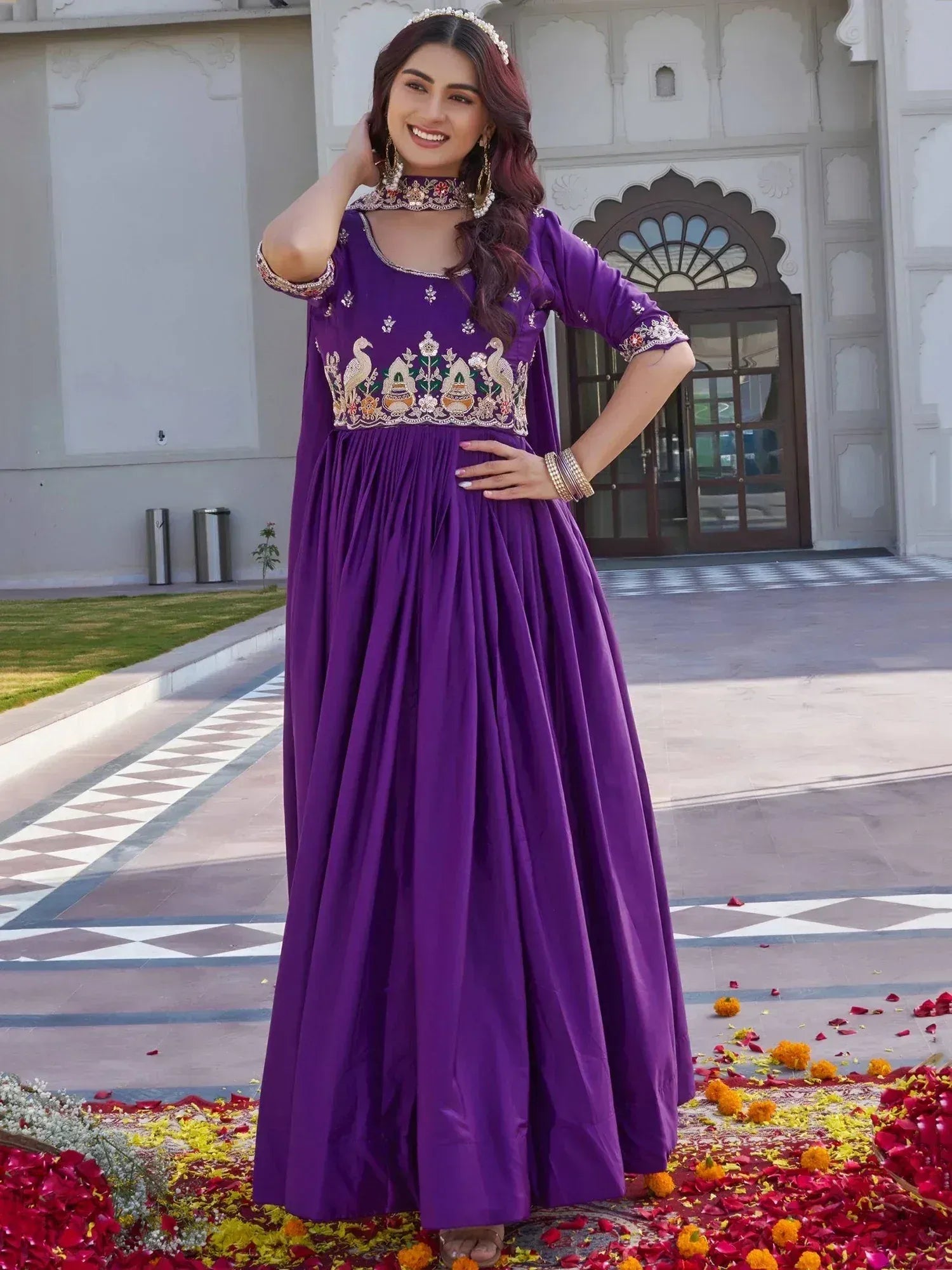 Lovely Purple Embroidered Silk Festival Wear Gown With Dupatta 