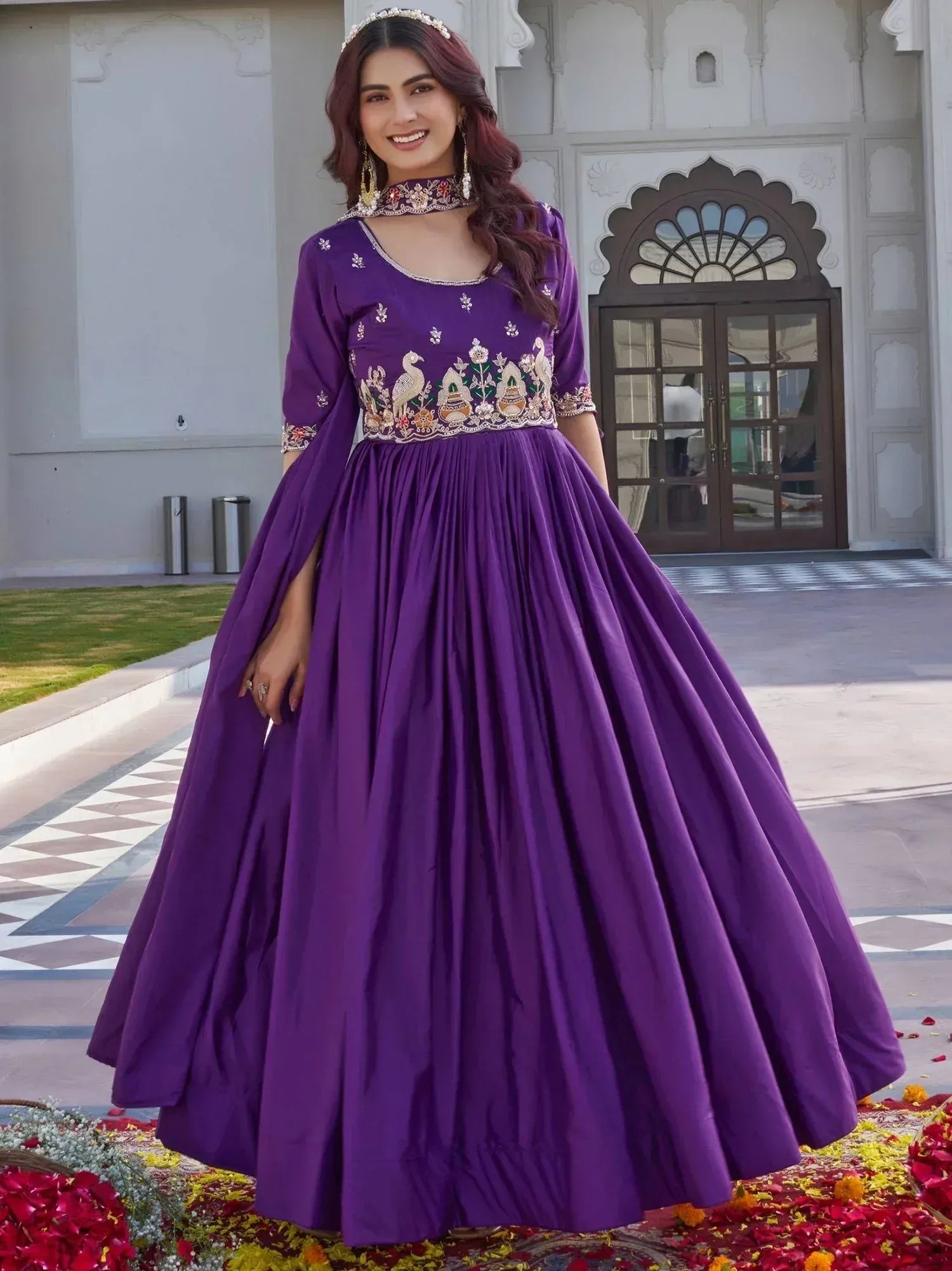 Lovely Purple Embroidered Silk Festival Wear Gown With Dupatta 