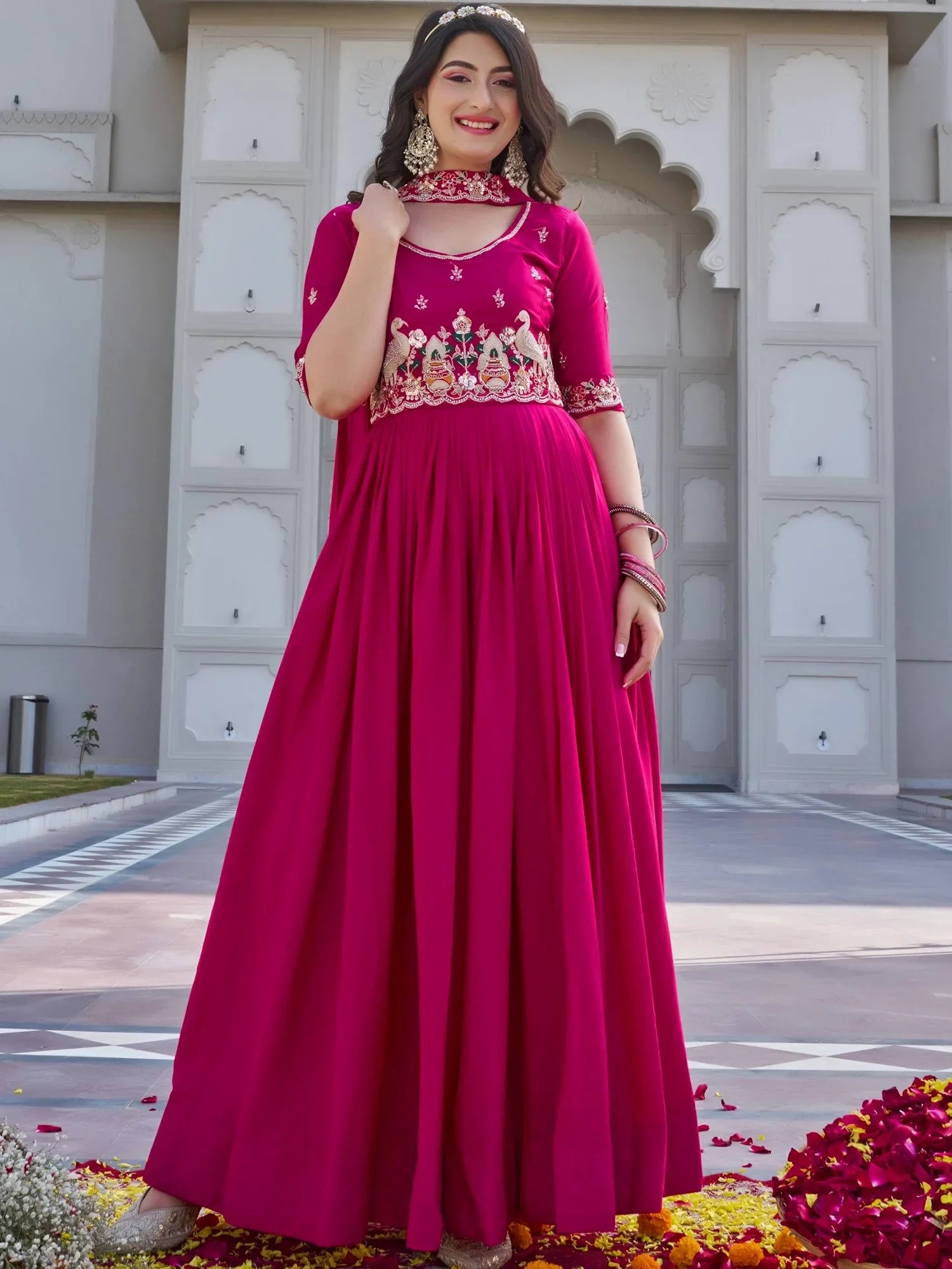 Stylish Pink Embroidered Silk Wedding Wear Gown With Dupatta