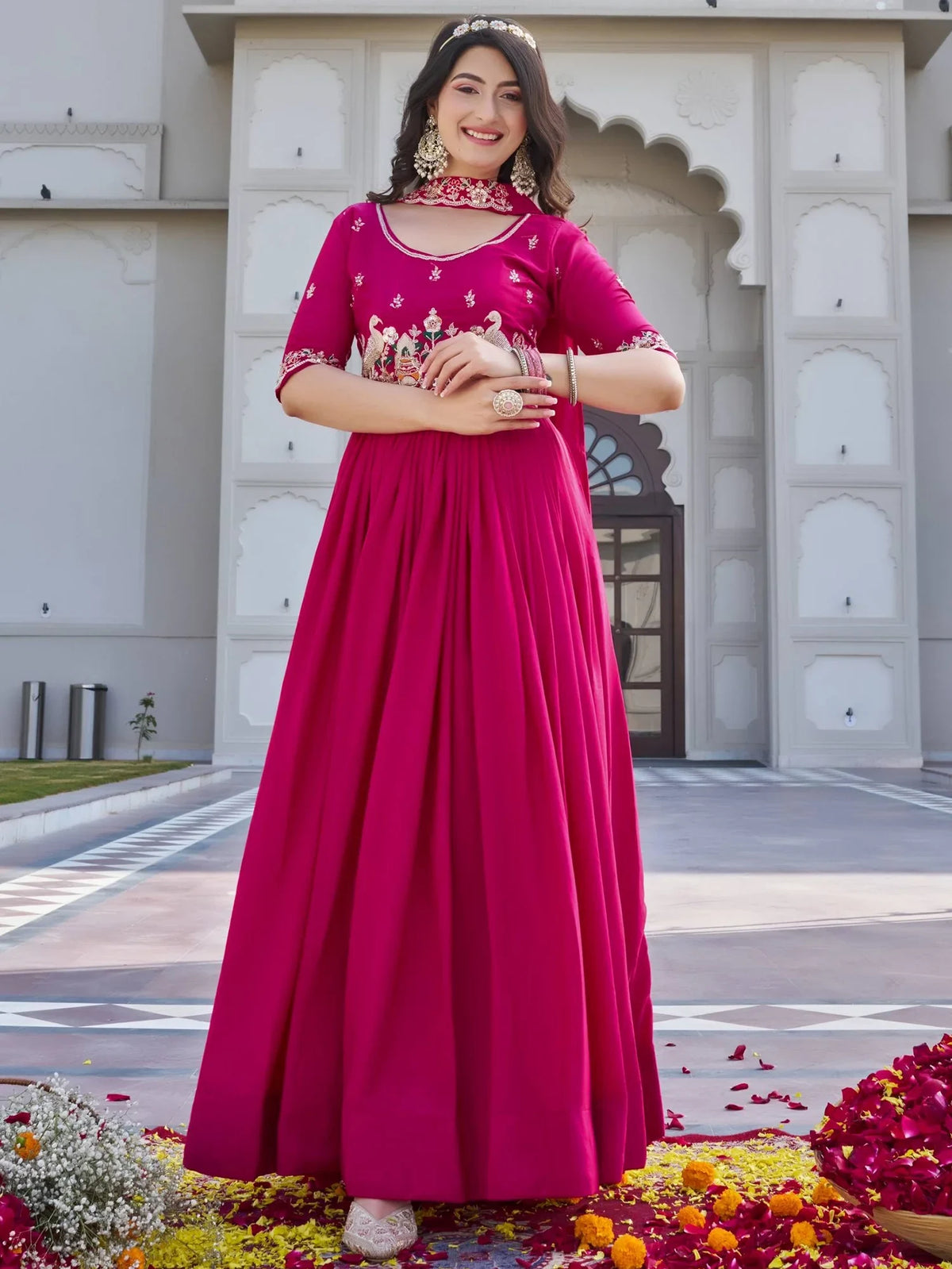 Stylish Pink Embroidered Silk Wedding Wear Gown With Dupatta