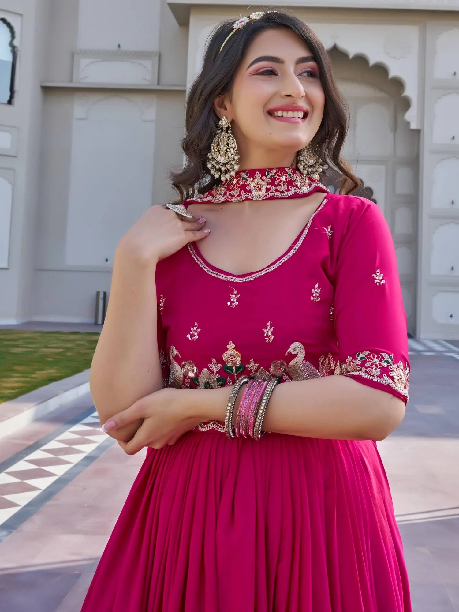 Stylish Pink Embroidered Silk Wedding Wear Gown With Dupatta