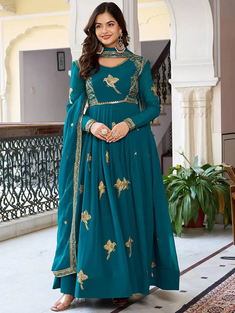 Attractive Green Embroidered Georgette Festival Wear Gown With Dupatta