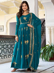 Attractive Green Embroidered Georgette Festival Wear Gown With Dupatta