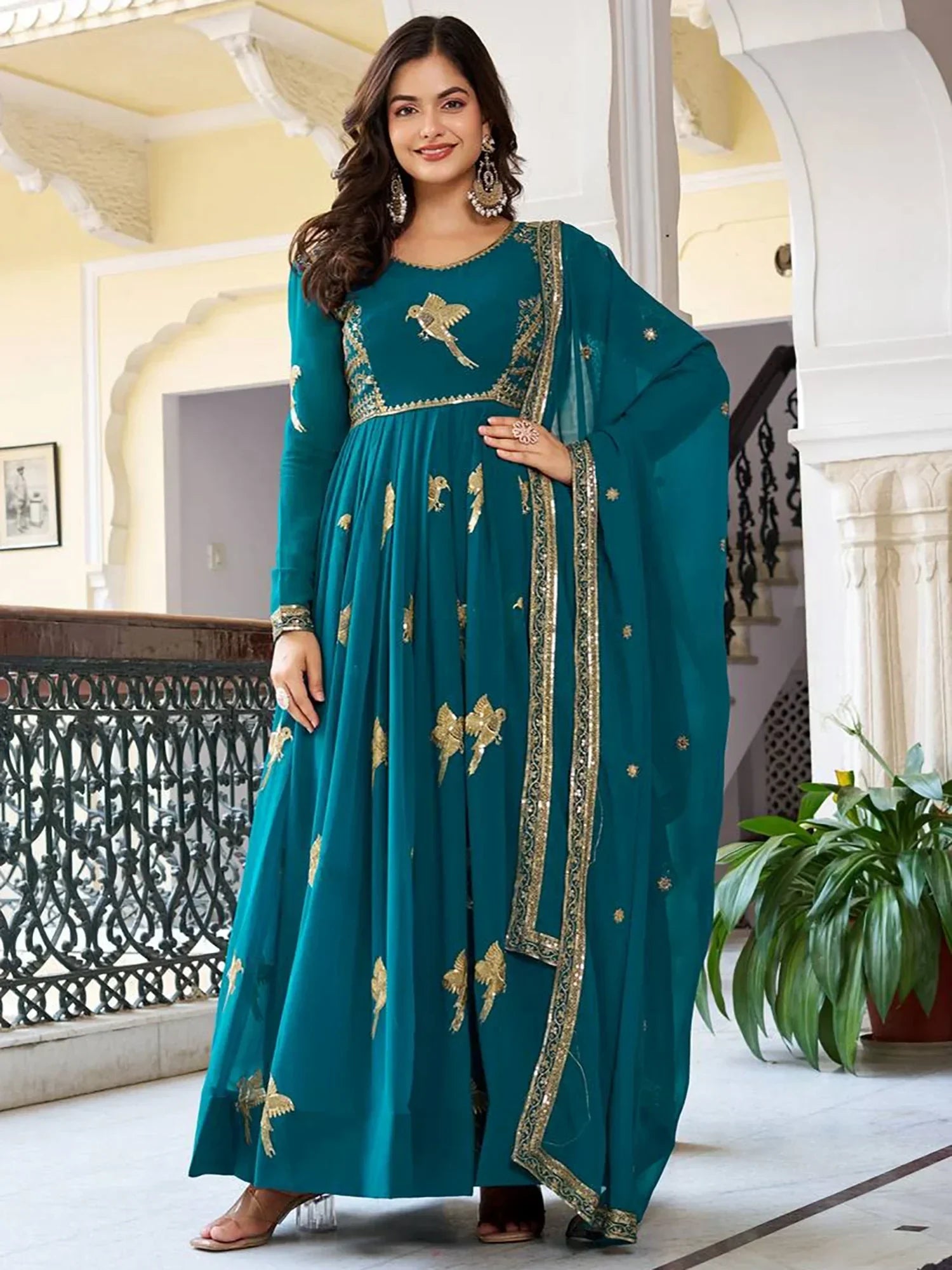 Attractive Green Embroidered Georgette Festival Wear Gown With Dupatta