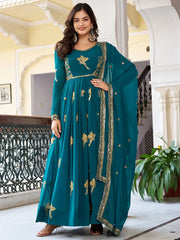 Attractive Green Embroidered Georgette Festival Wear Gown With Dupatta