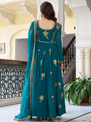 Attractive Green Embroidered Georgette Festival Wear Gown With Dupatta