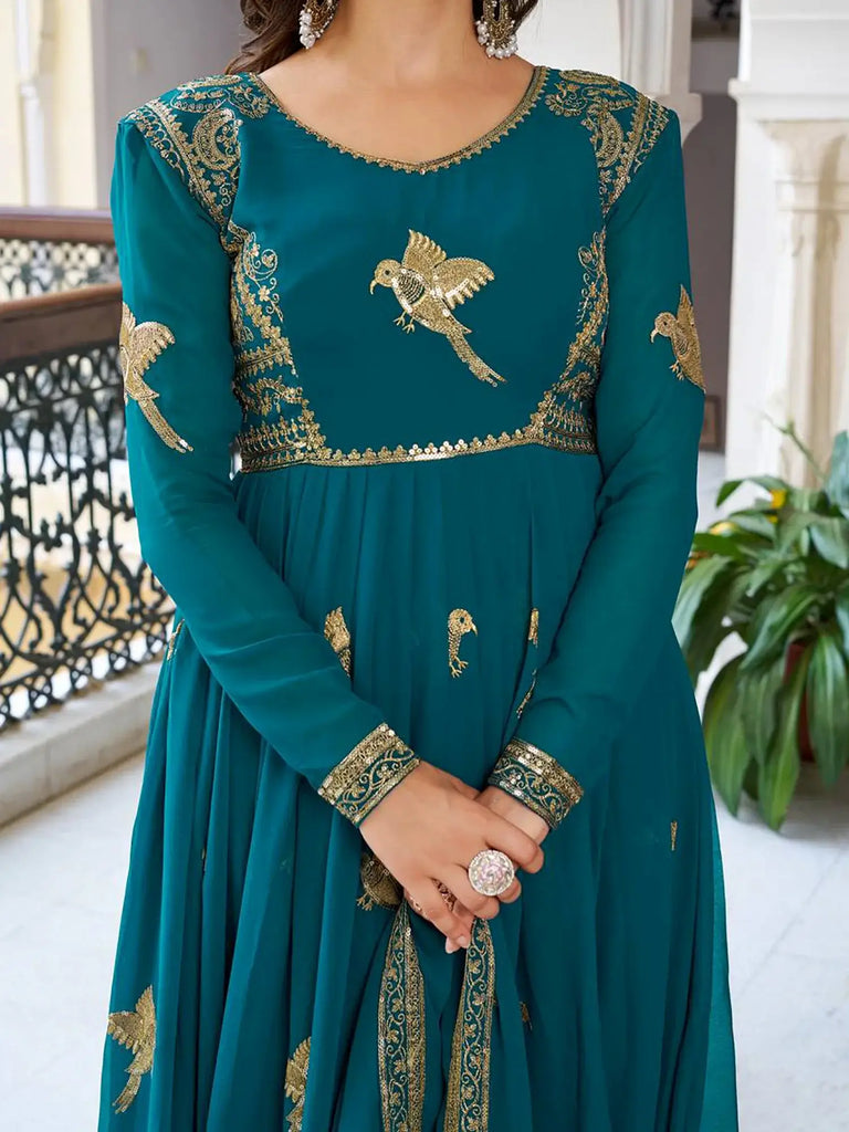 Attractive Green Embroidered Georgette Festival Wear Gown With Dupatta