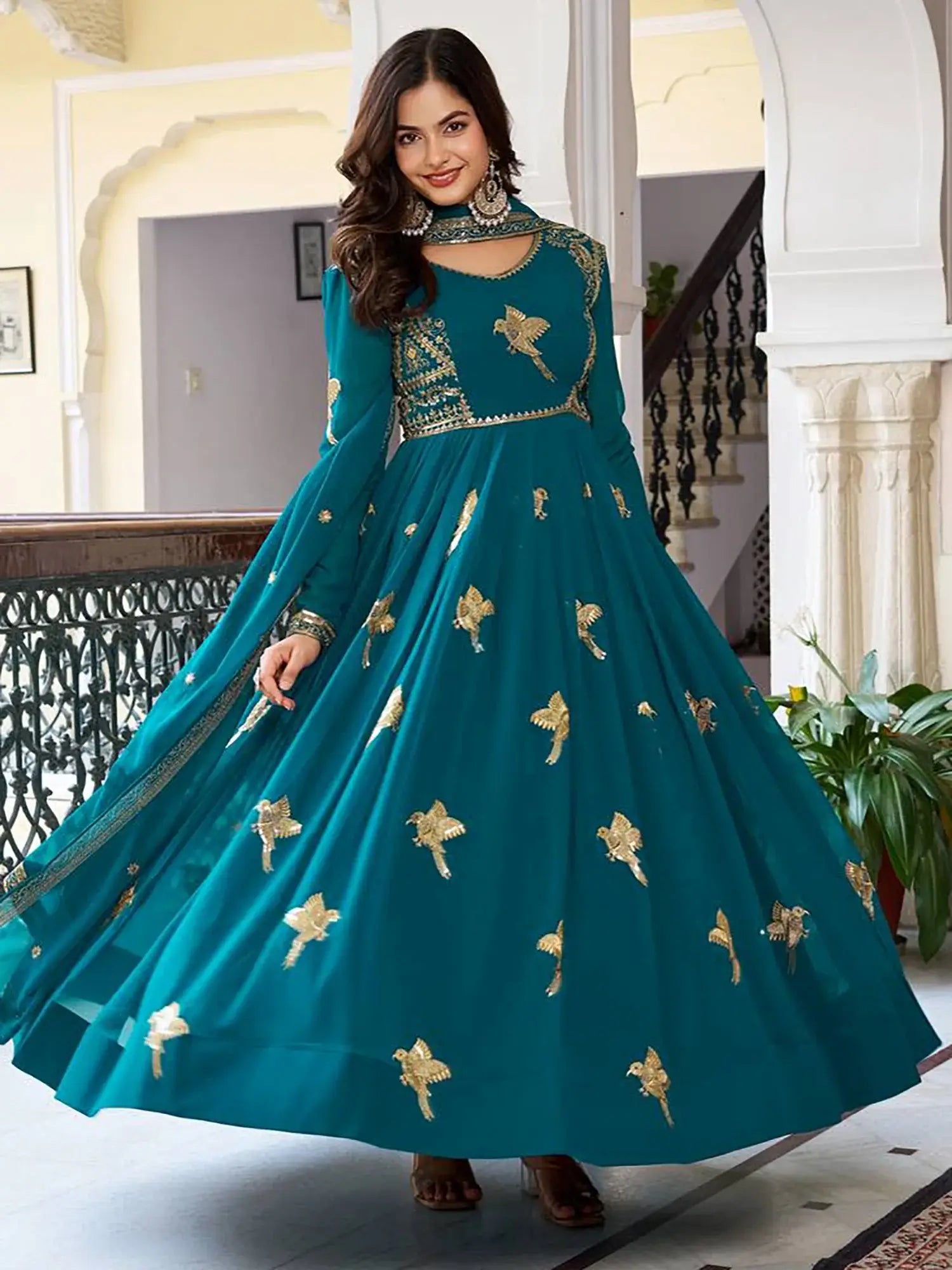 Attractive Green Embroidered Georgette Festival Wear Gown With Dupatta