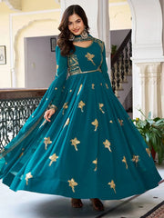 Attractive Green Embroidered Georgette Festival Wear Gown With Dupatta