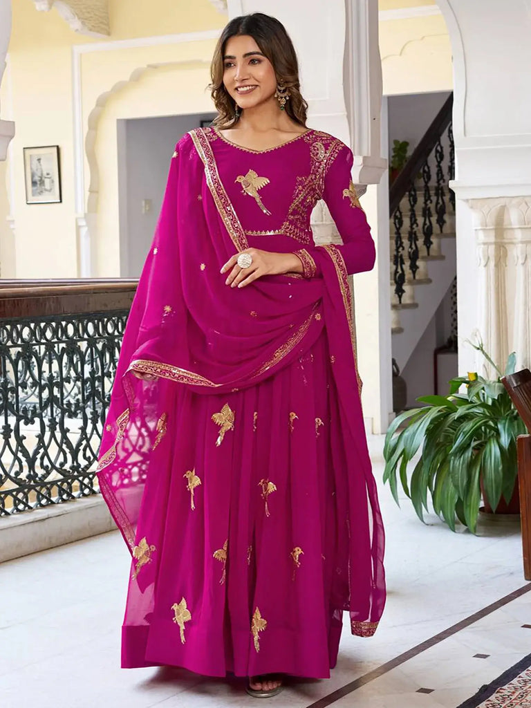 Attractive Pink Embroidered Georgette Wedding Wear Gown With Dupatta