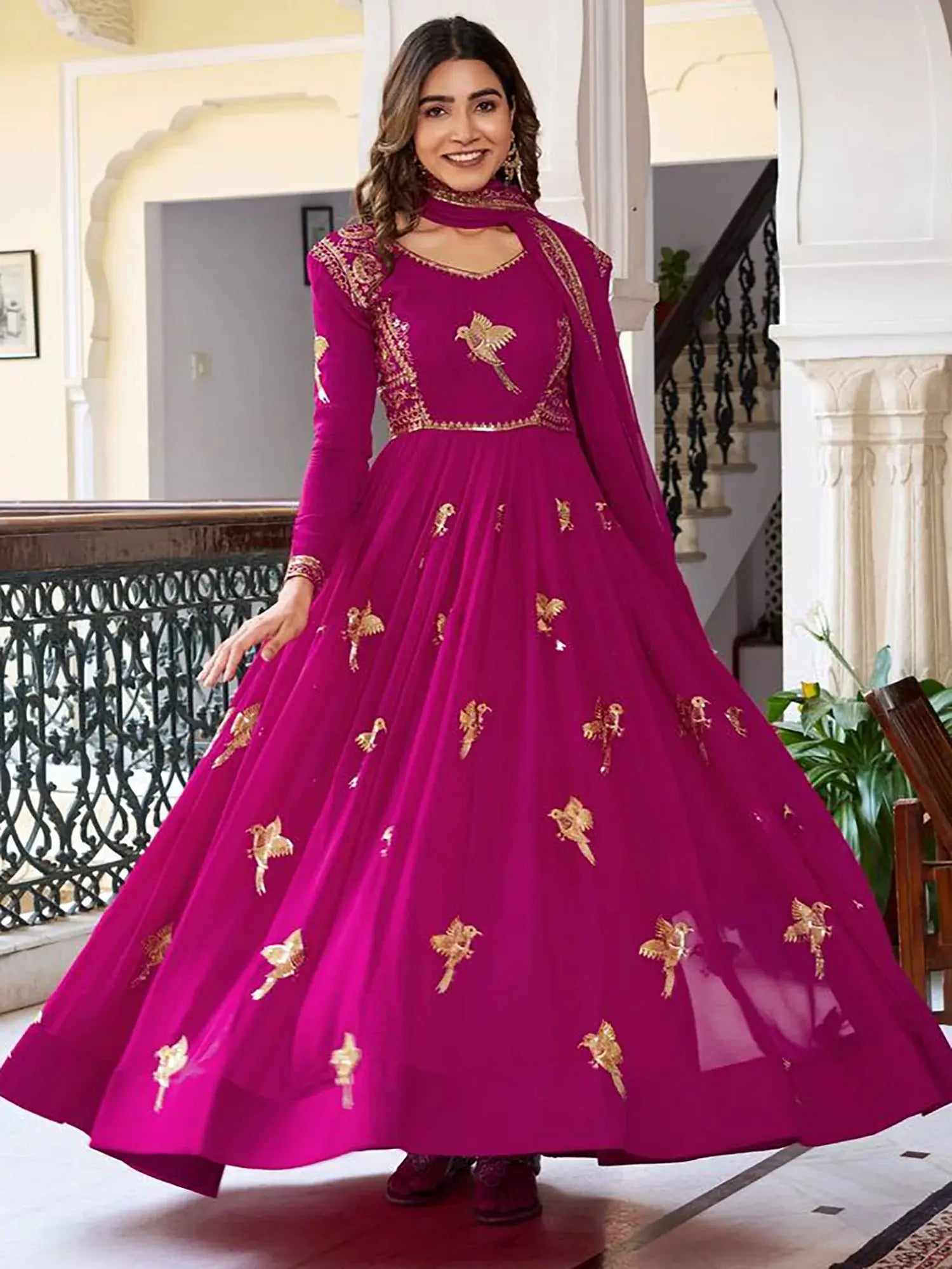 Attractive Pink Embroidered Georgette Wedding Wear Gown With Dupatta
