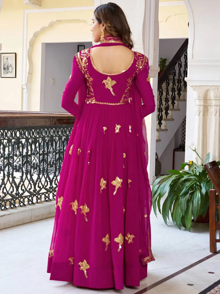 Attractive Pink Embroidered Georgette Wedding Wear Gown With Dupatta