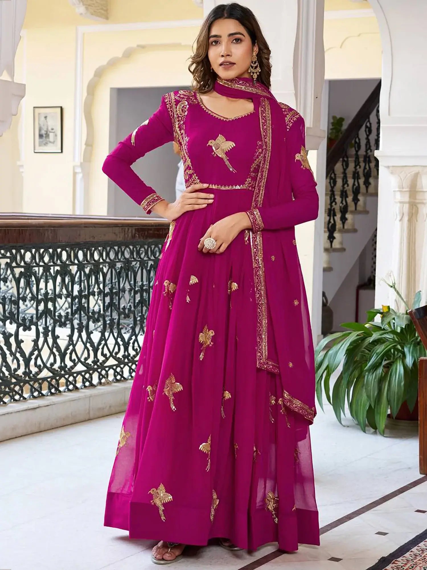 Attractive Pink Embroidered Georgette Wedding Wear Gown With Dupatta