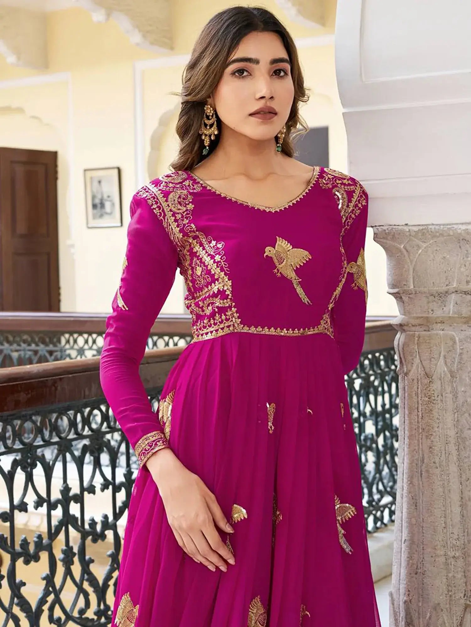 Attractive Pink Embroidered Georgette Wedding Wear Gown With Dupatta