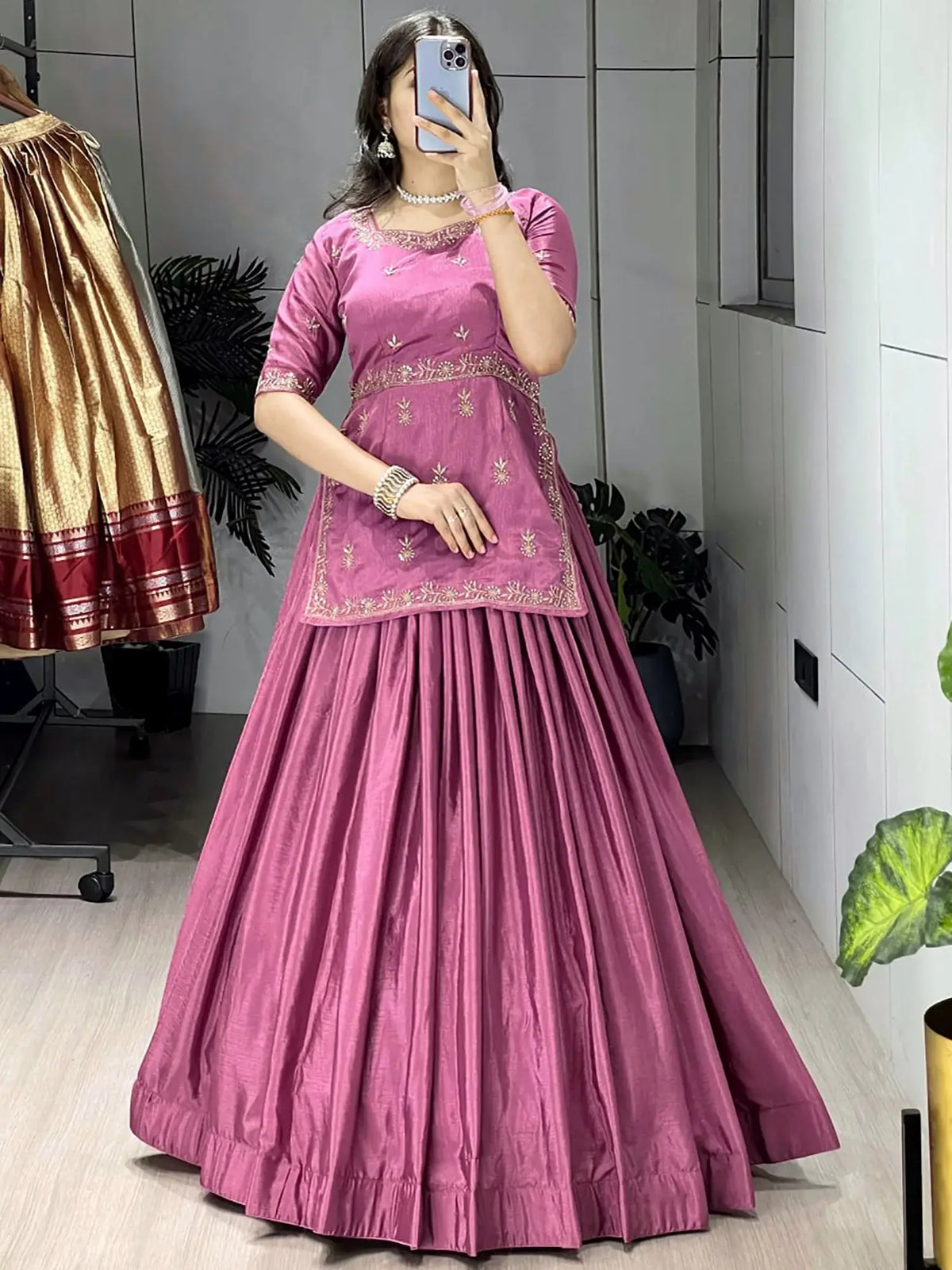 Stunning Purple Embroidered Silk Engagement Wear Crop Top Lehenga