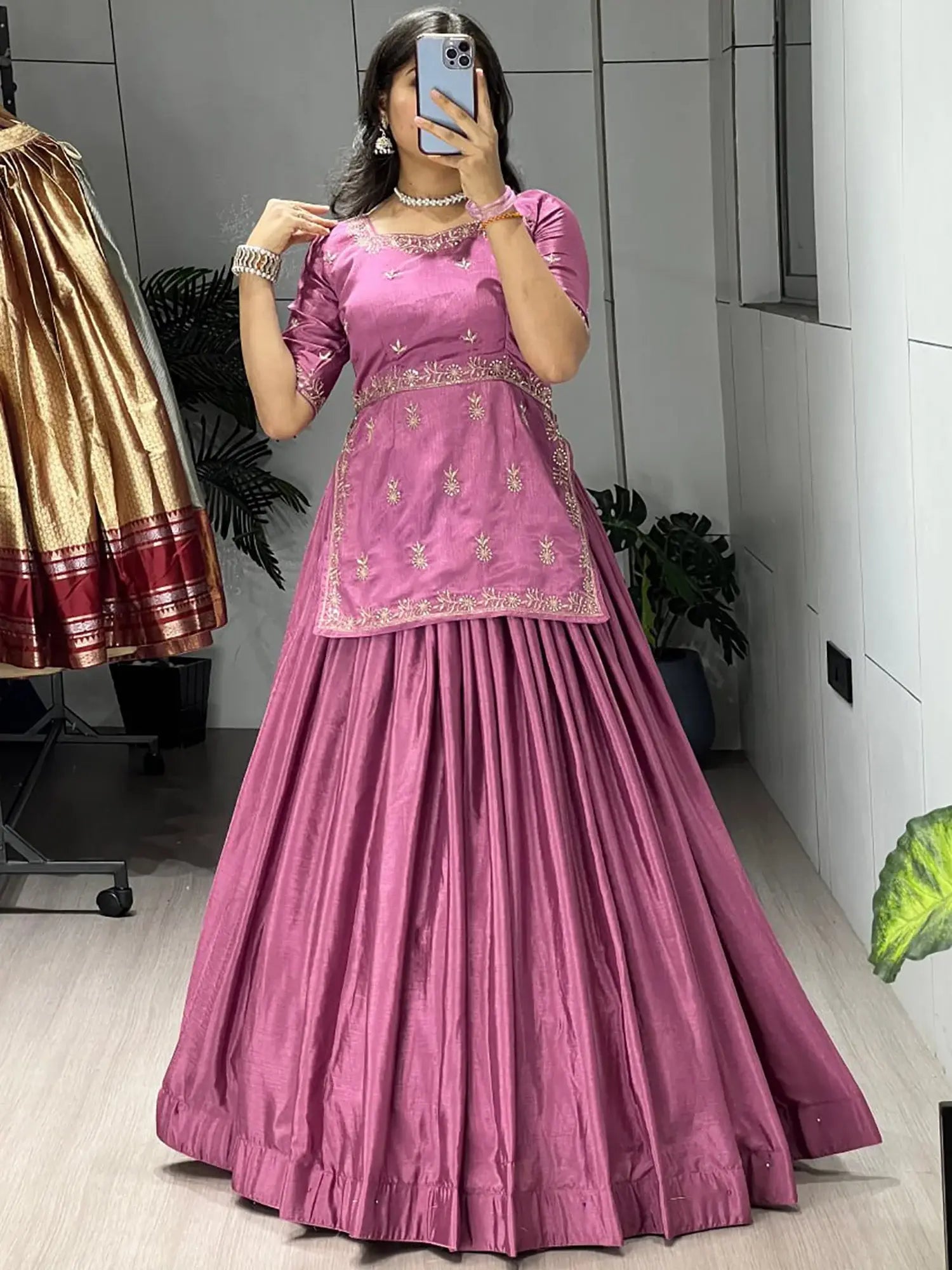 Stunning Purple Embroidered Silk Engagement Wear Crop Top Lehenga