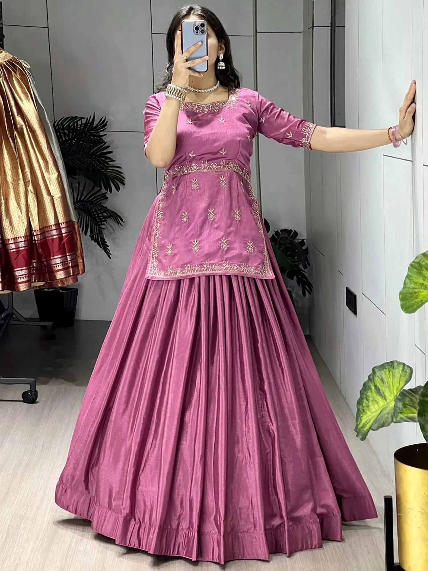 Stunning Purple Embroidered Silk Engagement Wear Crop Top Lehenga