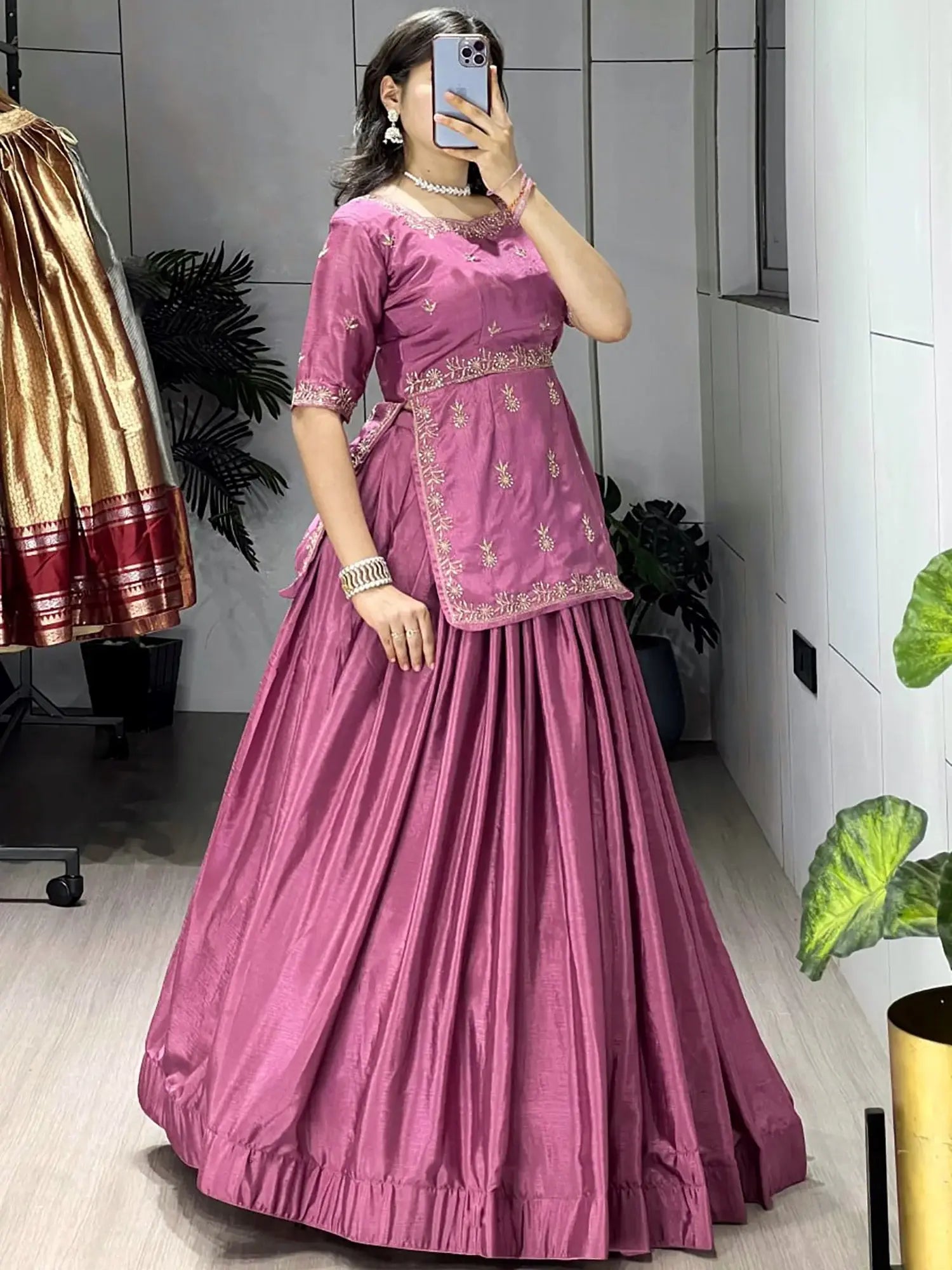 Stunning Purple Embroidered Silk Engagement Wear Crop Top Lehenga