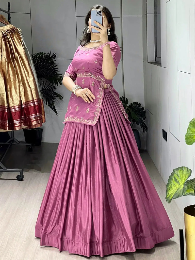 Stunning Purple Embroidered Silk Engagement Wear Crop Top Lehenga