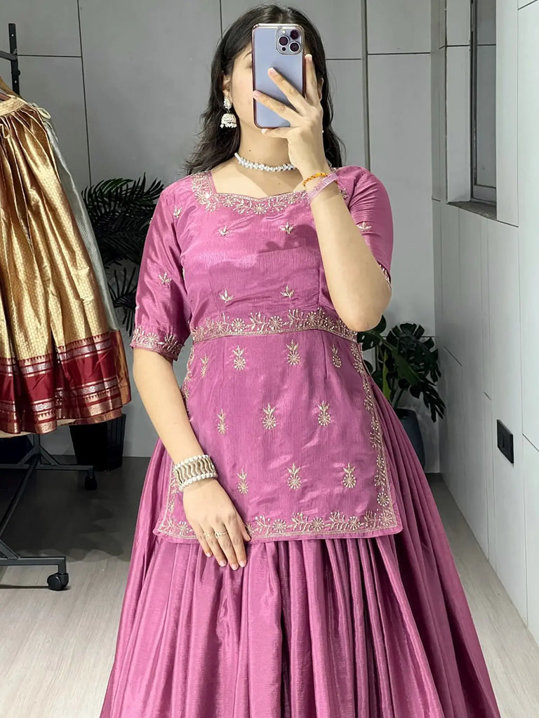 Stunning Purple Embroidered Silk Engagement Wear Crop Top Lehenga