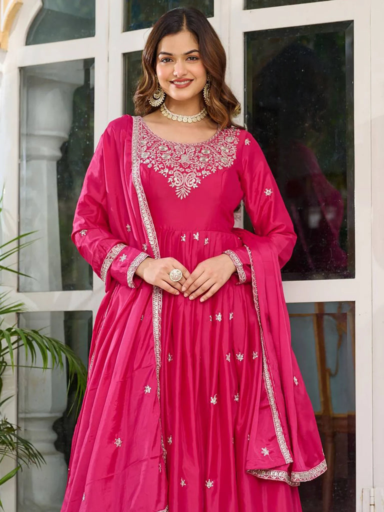 Lovely Pink Embroidered Silk Festival Wear Gown With Dupatta