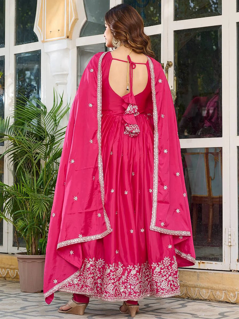 Lovely Pink Embroidered Silk Festival Wear Gown With Dupatta