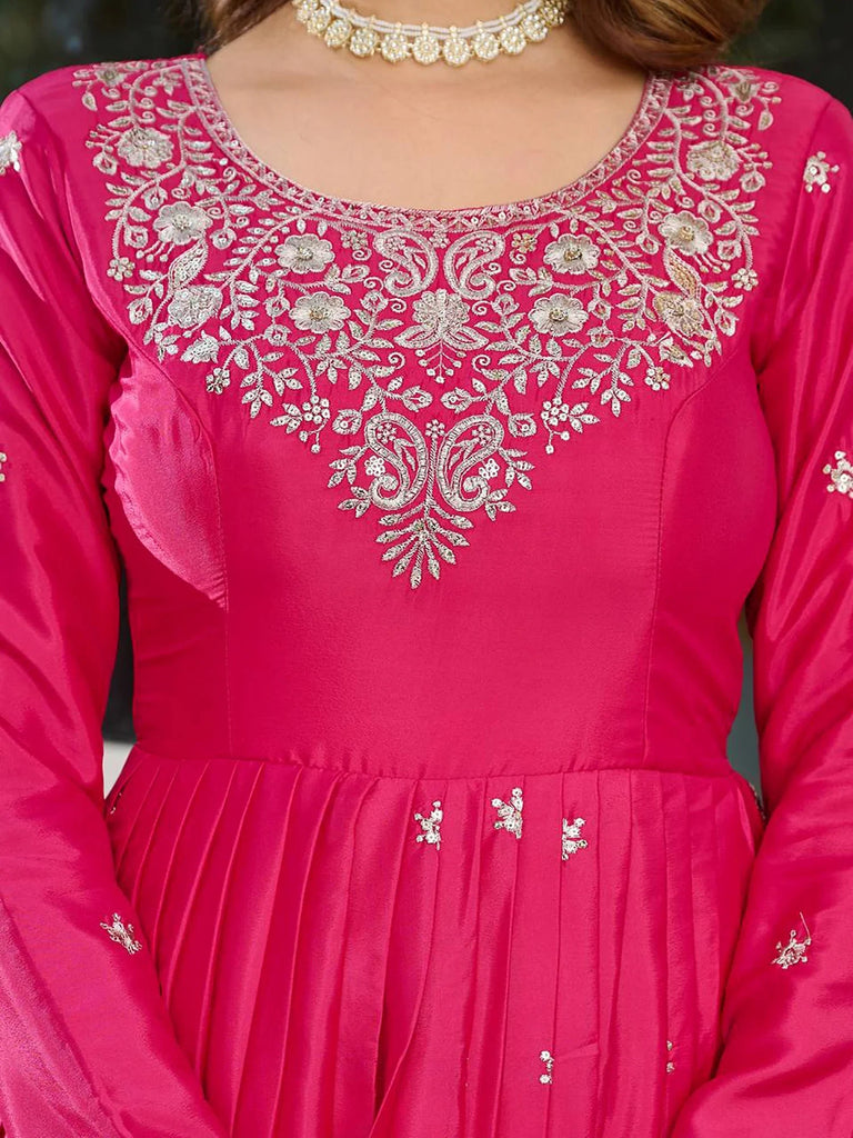 Lovely Pink Embroidered Silk Festival Wear Gown With Dupatta