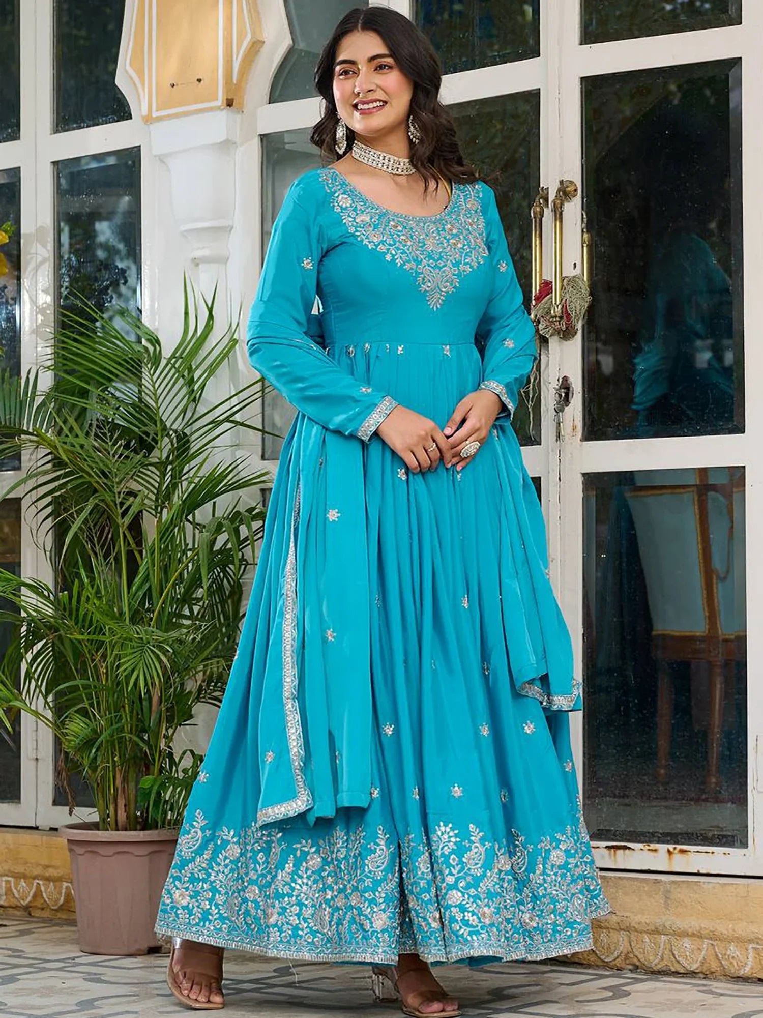 Pretty Sky Blue Embroidered Silk Wedding Wear Gown With Dupatta