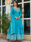 Pretty Sky Blue Embroidered Silk Wedding Wear Gown With Dupatta