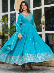 Pretty Sky Blue Embroidered Silk Wedding Wear Gown With Dupatta