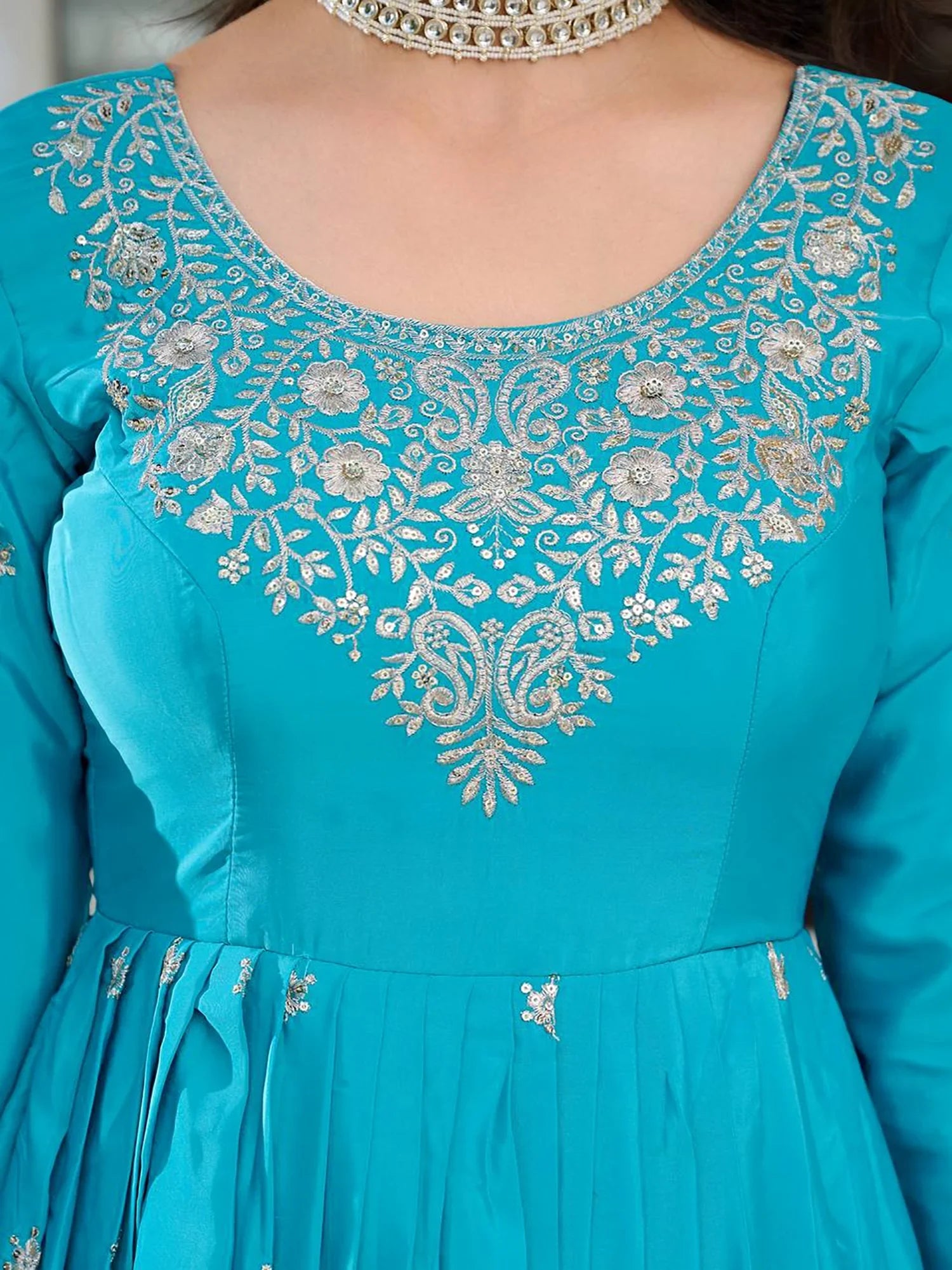 Pretty Sky Blue Embroidered Silk Wedding Wear Gown With Dupatta