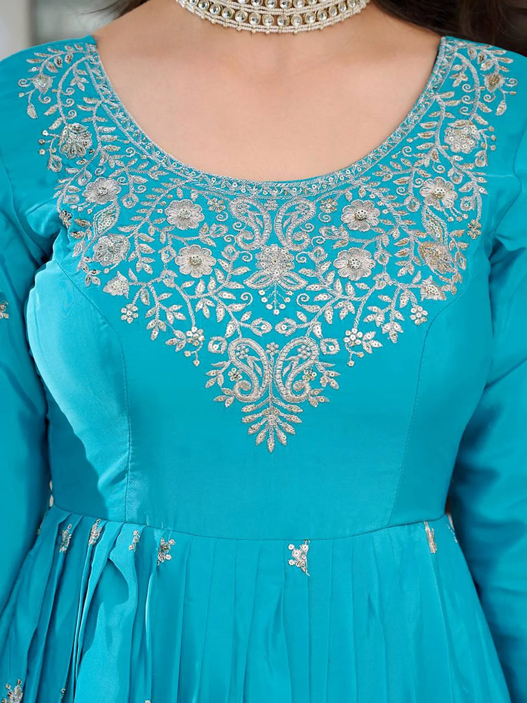 Pretty Sky Blue Embroidered Silk Wedding Wear Gown With Dupatta