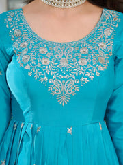 Pretty Sky Blue Embroidered Silk Wedding Wear Gown With Dupatta