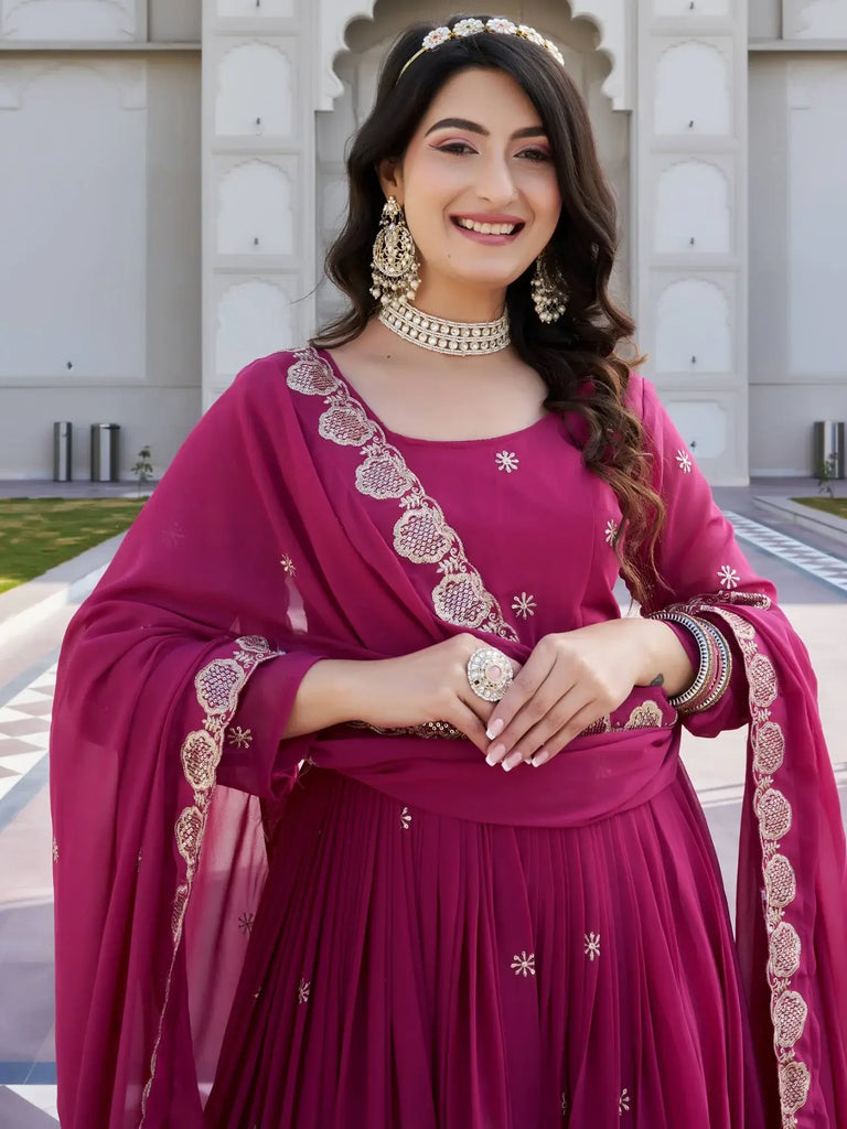 Sparkling Pink Embroidered Georgette Wedding Wear Gown With Dupatta
