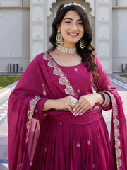 Sparkling Pink Embroidered Georgette Wedding Wear Gown With Dupatta
