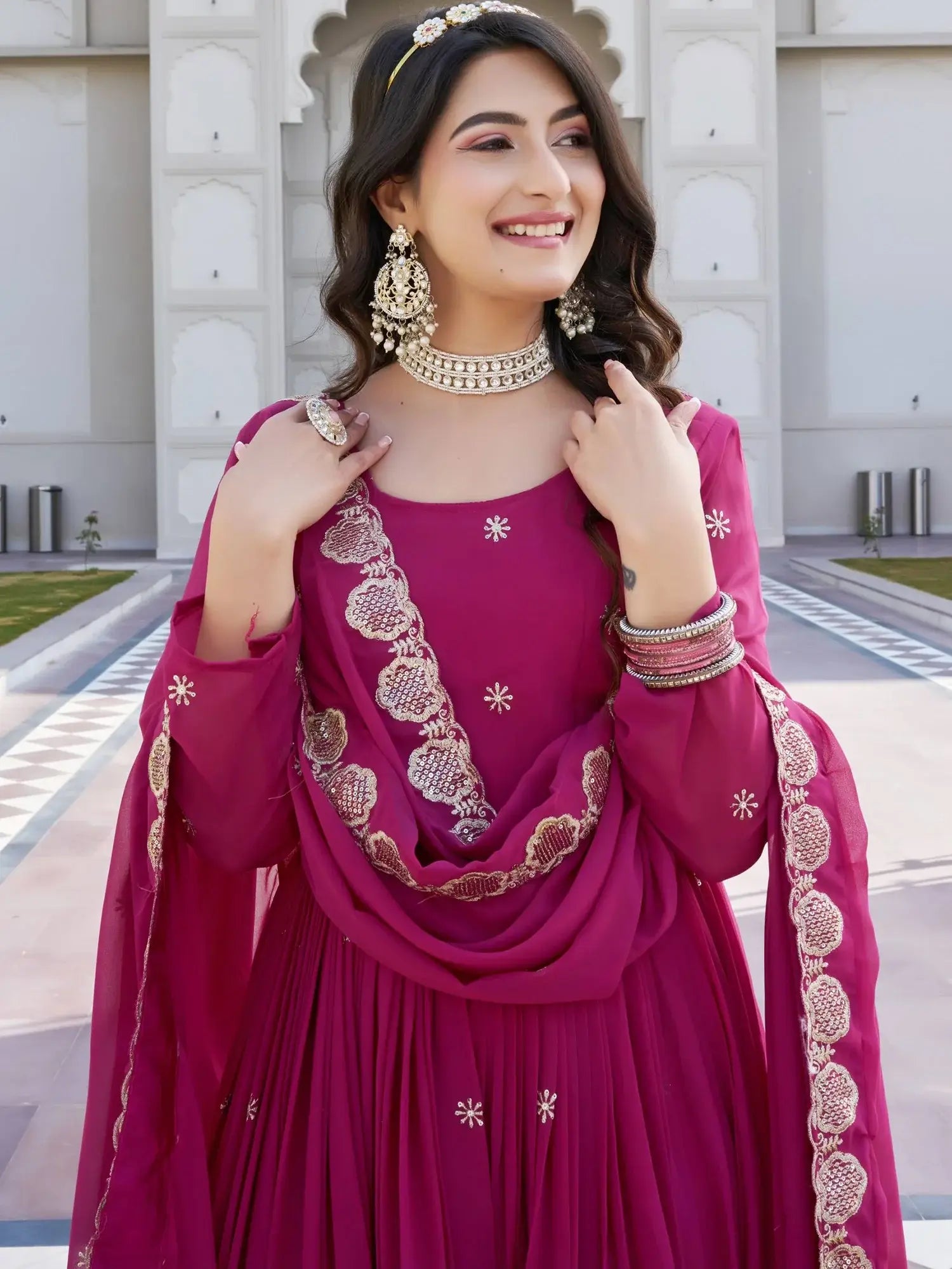 Sparkling Pink Embroidered Georgette Wedding Wear Gown With Dupatta
