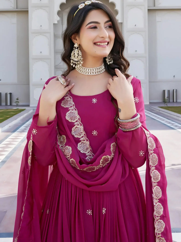 Sparkling Pink Embroidered Georgette Wedding Wear Gown With Dupatta
