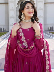 Sparkling Pink Embroidered Georgette Wedding Wear Gown With Dupatta
