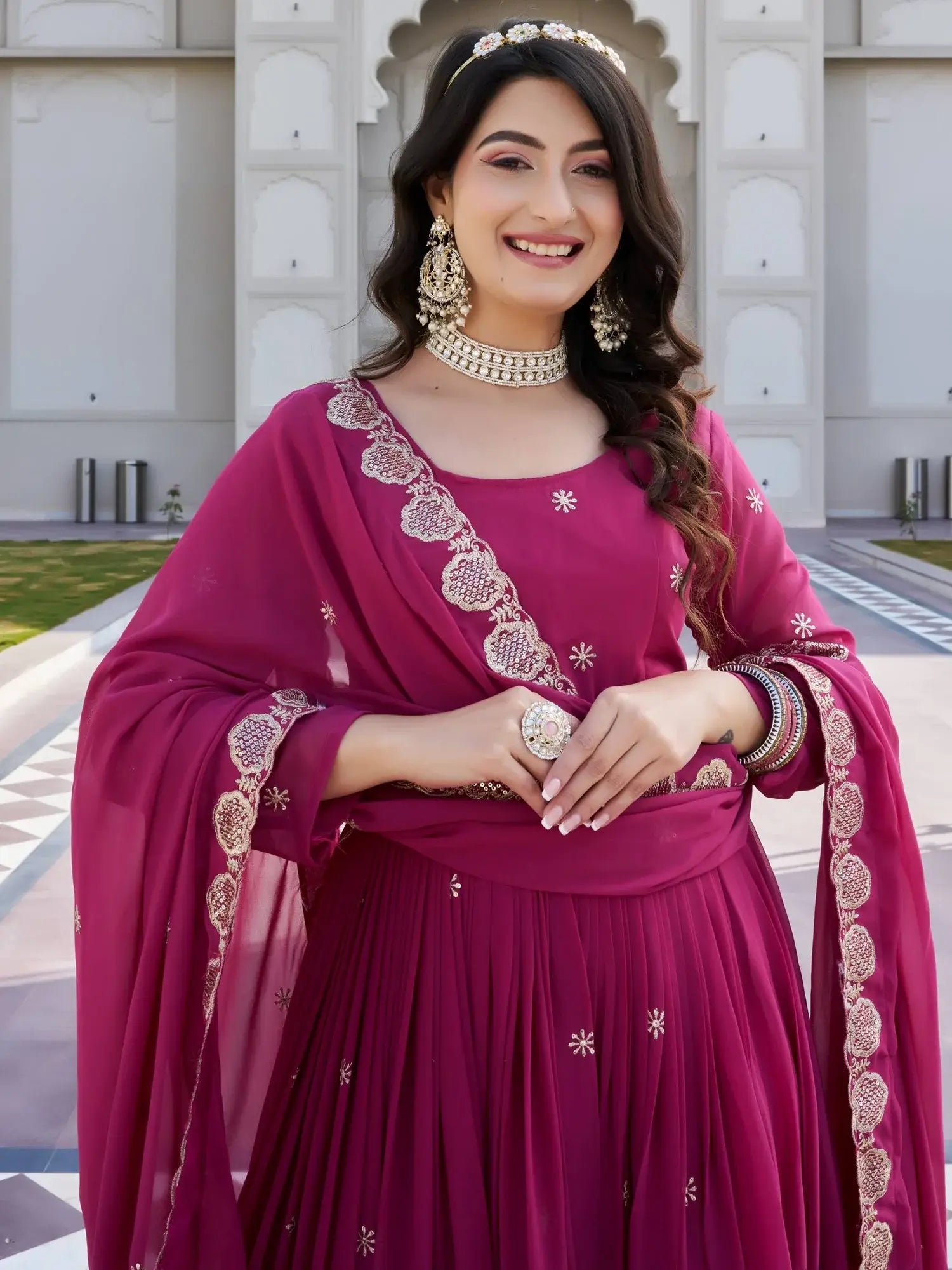 Sparkling Pink Embroidered Georgette Wedding Wear Gown With Dupatta
