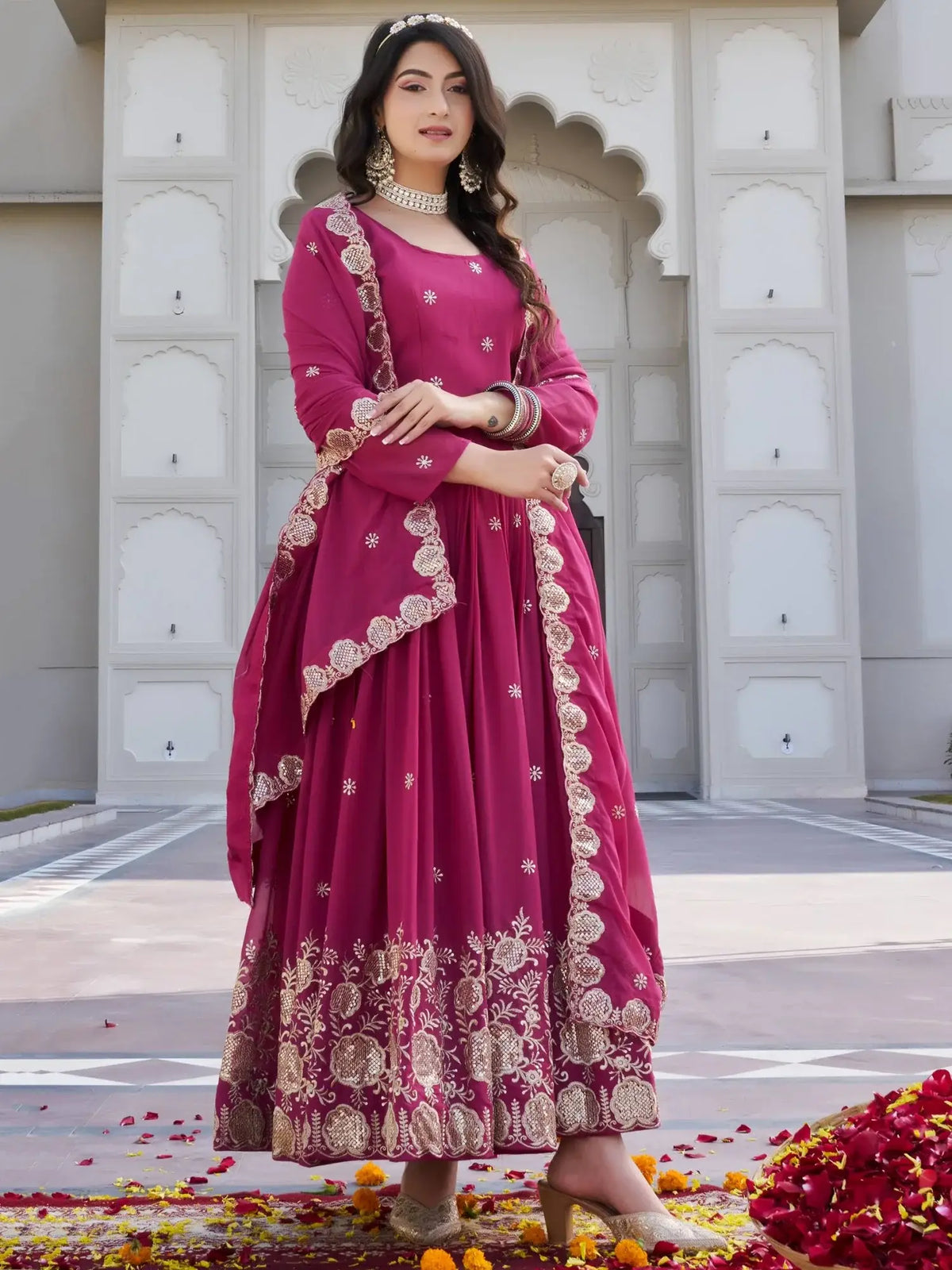 Sparkling Pink Embroidered Georgette Wedding Wear Gown With Dupatta
