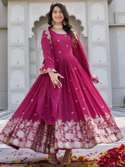 Sparkling Pink Embroidered Georgette Wedding Wear Gown With Dupatta
