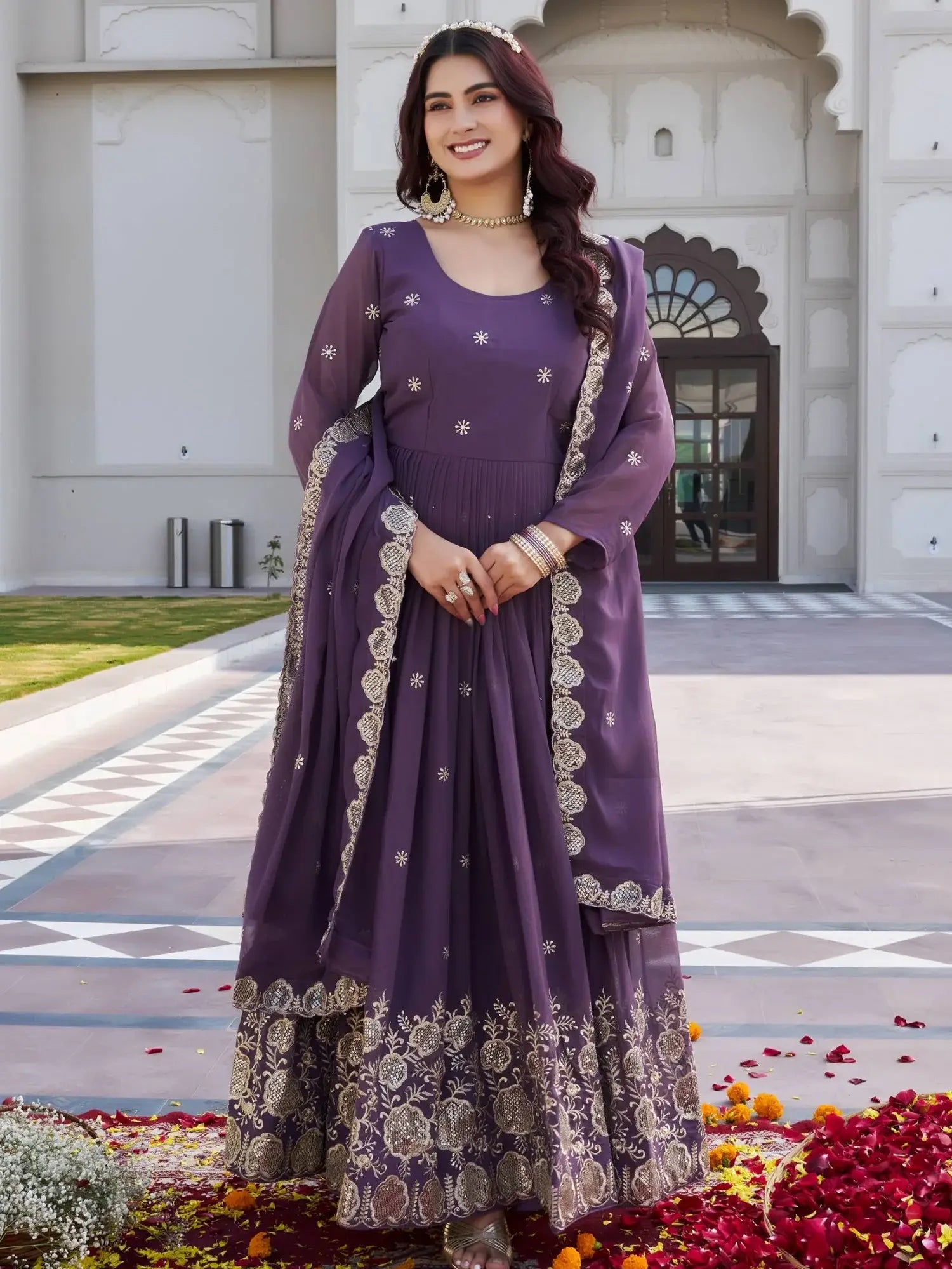 Fantastic Purple Embroidered Georgette Festival Wear Gown With Dupatta