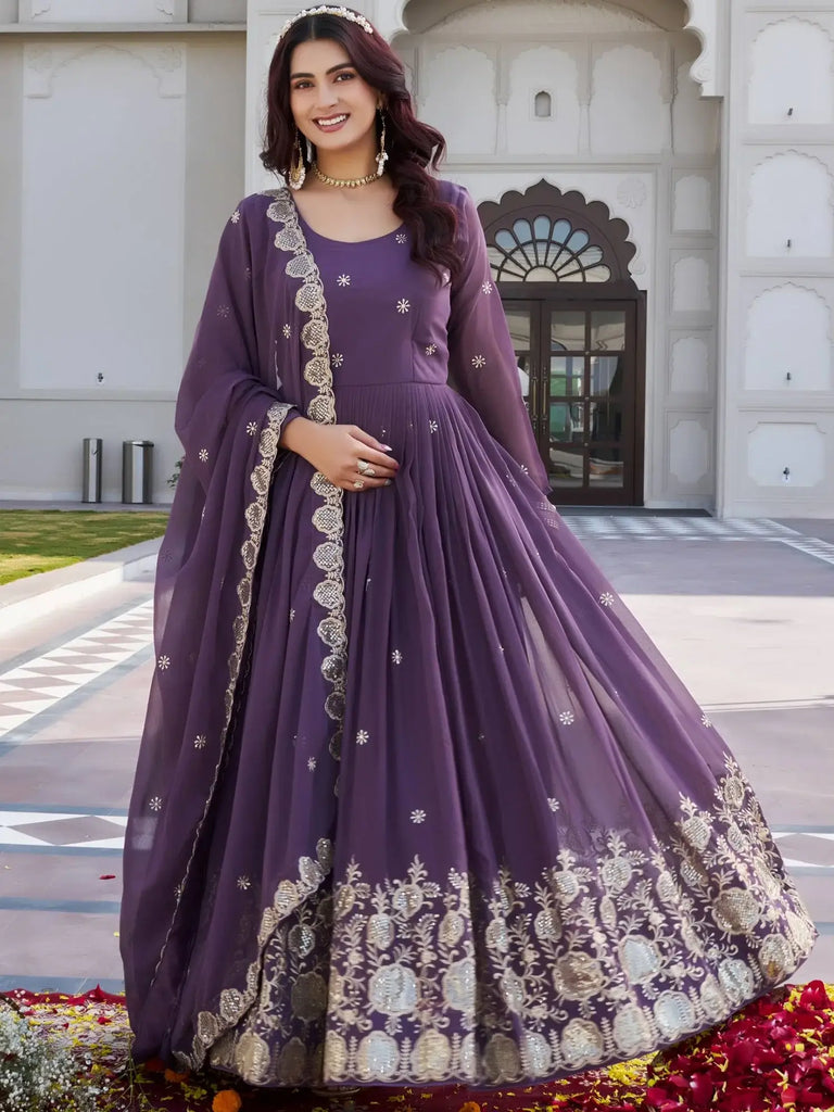 Fantastic Purple Embroidered Georgette Festival Wear Gown With Dupatta