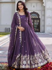 Fantastic Purple Embroidered Georgette Festival Wear Gown With Dupatta