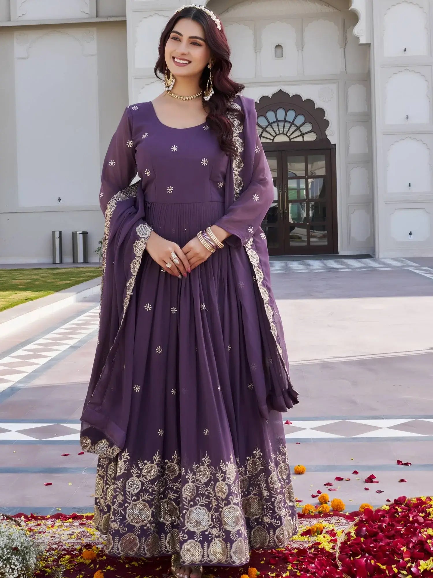 Fantastic Purple Embroidered Georgette Festival Wear Gown With Dupatta
