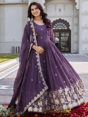 Fantastic Purple Embroidered Georgette Festival Wear Gown With Dupatta