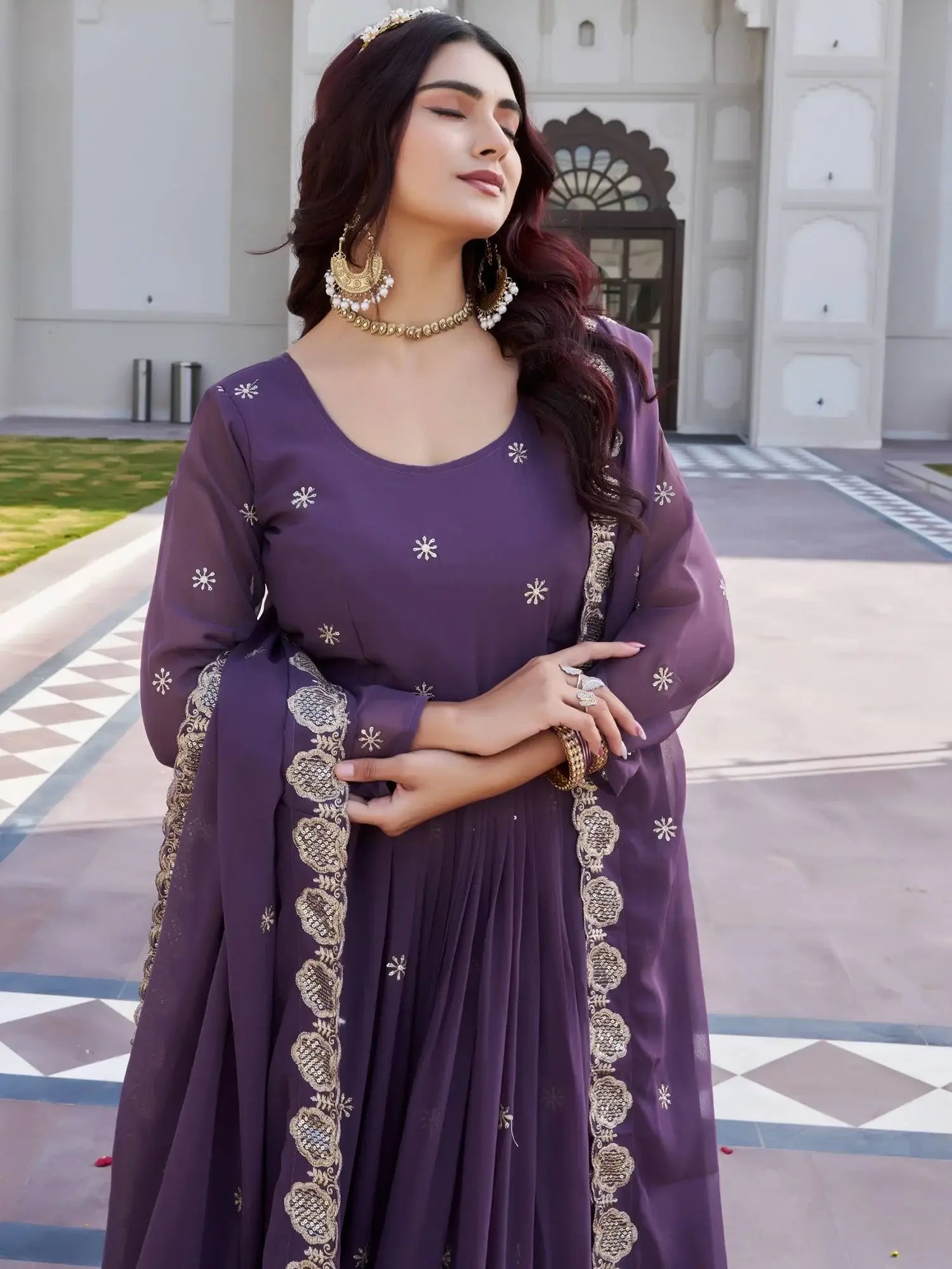 Fantastic Purple Embroidered Georgette Festival Wear Gown With Dupatta